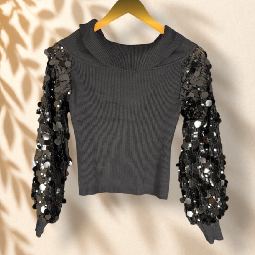 Madden Girl Blouse Women M Medium Black Sequin Ribbed Long Sleeve Turtleneck