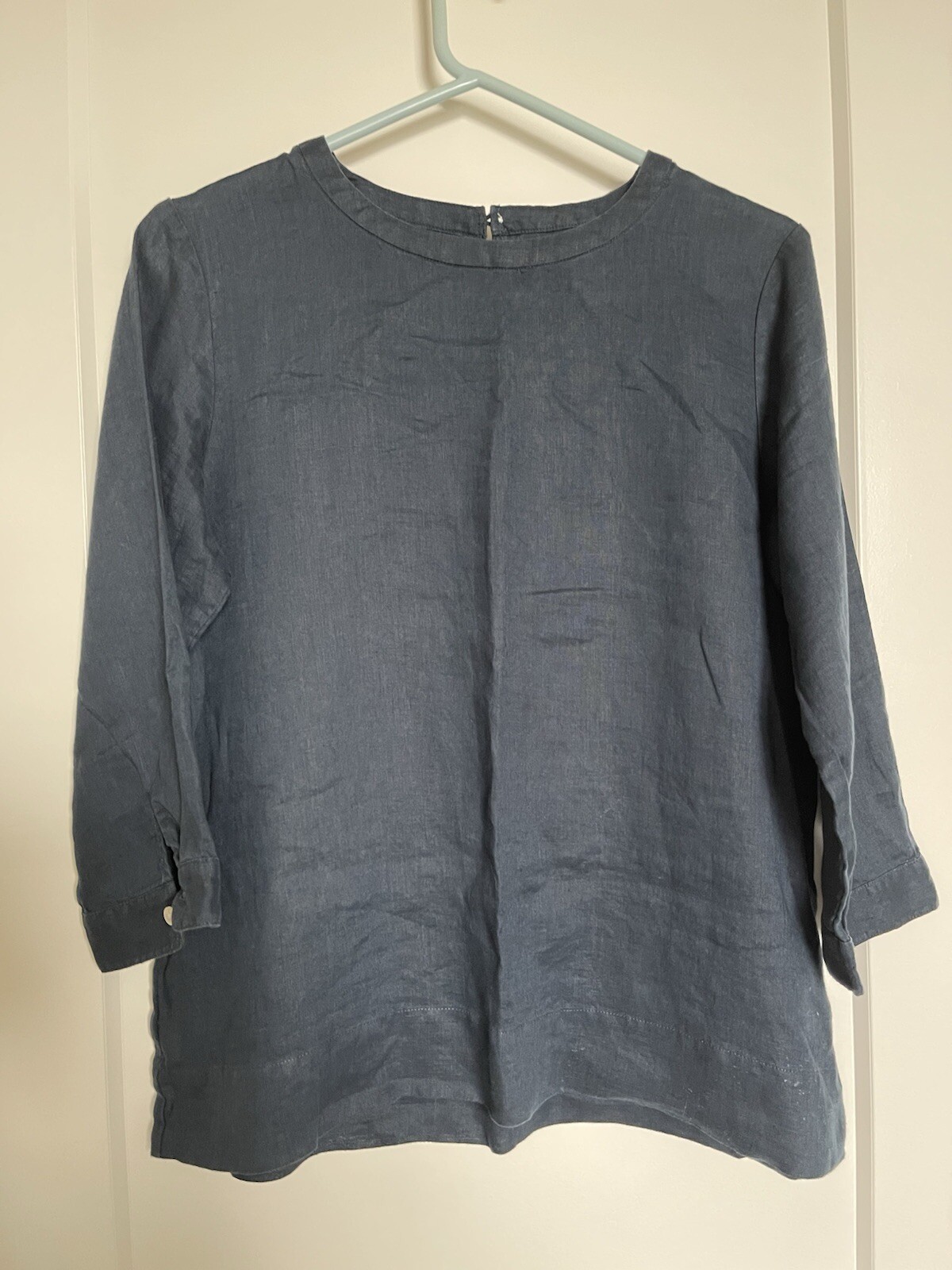 EUC MUJI WOMENS ORGANIC 100% LINEN WASHED 3/4 SLEEVE BLOUSE DARK NAVY MEDIUM M