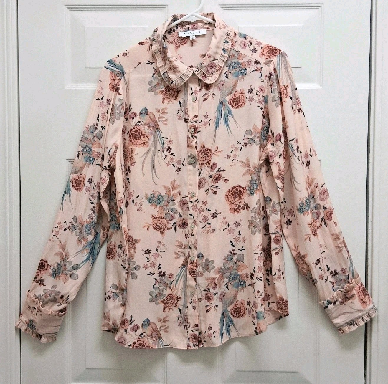 Rose + Olive Floral Bird Button Up Top Large Ruffles Cottagecore Fairy Coquette