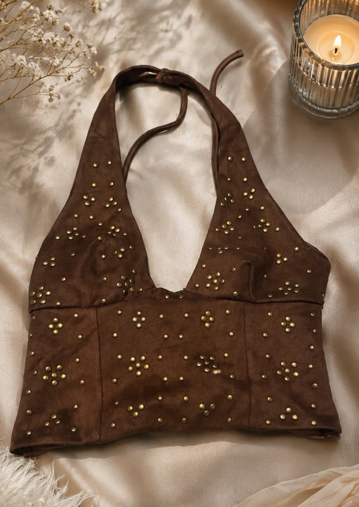 Women’s S Brown Halter Sleeveless Knit Cropped Tank Rhinestone Lace-Up Backless