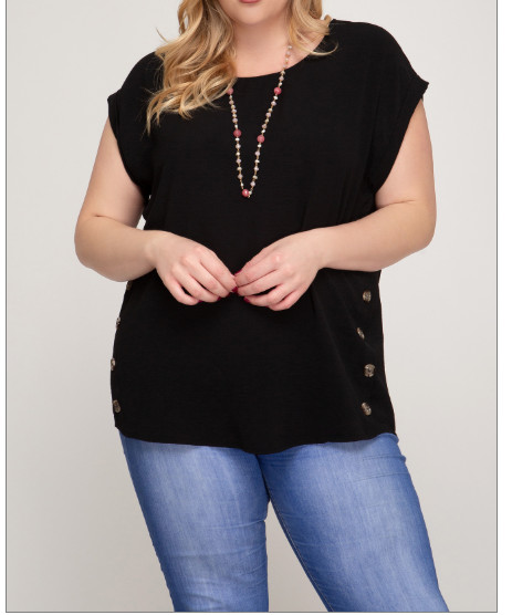 Drop Shoulder Blouse Black Top Side Button Placket Plus Sizes, XL, 1XL, 2XL