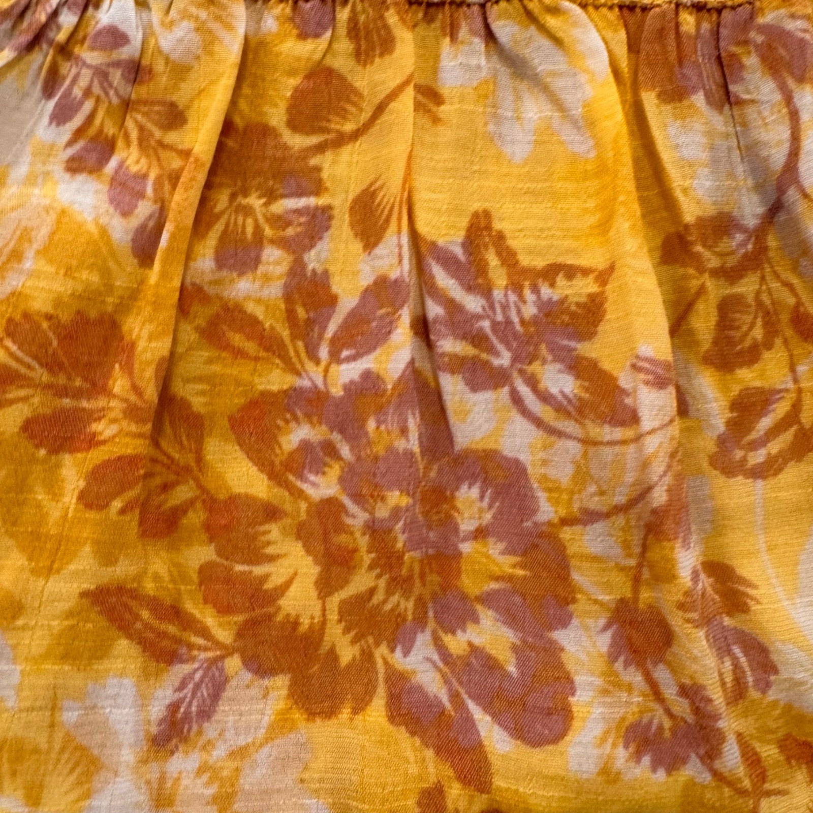 Euro Romantic Yellow Floral Ruffle Peplum Boho Lace Smocked Blouse Prairie Sz S