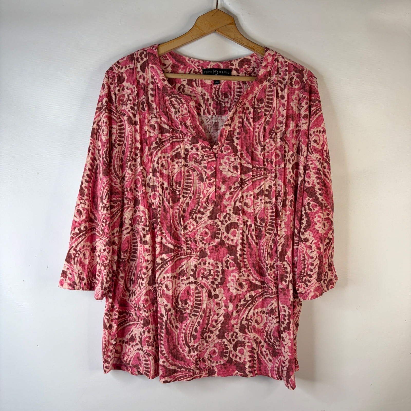 Fred David Top Women 3X Pink Paisley Pintuck Ribbed 3/4 Sleeve