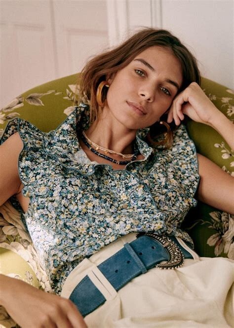BNWT Sezane Caro Blue Print 100% Cotton Shirt Blouse Ruffles Sz XS / EU34 (UK 6)