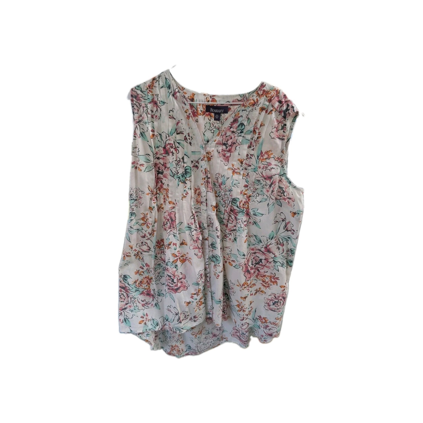 Roaman’s Top Womens 22W White Floral Sleeveless Pintuck Tunic Blouse Cotton