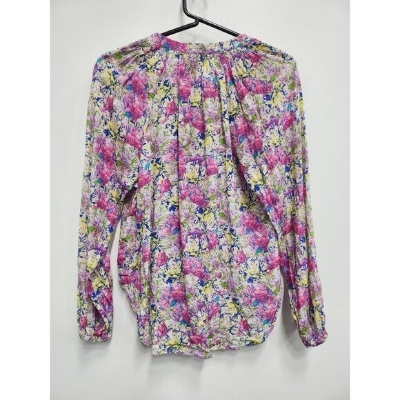 Yumi Kim Womens Silk Blouse Top Small Purple Floral Popover Long Sleeve Cottage
