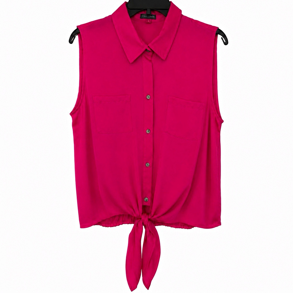 Vince Camuto Women’s Pink Woven Button-Front Collared Tie-Hem Blouse L