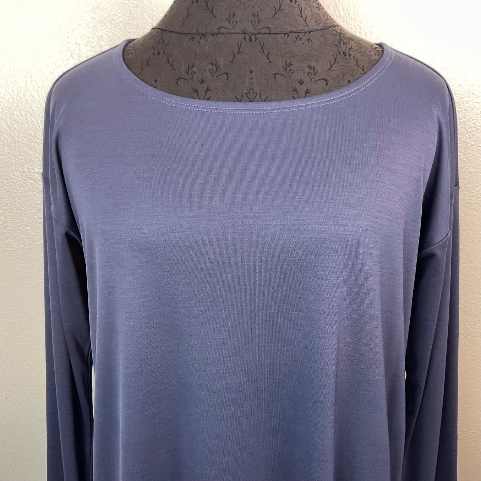 Eileen Fisher Tunic Top 100% Tencel Periwinkle Gray Boat Neck Long Sleeve Sz XS