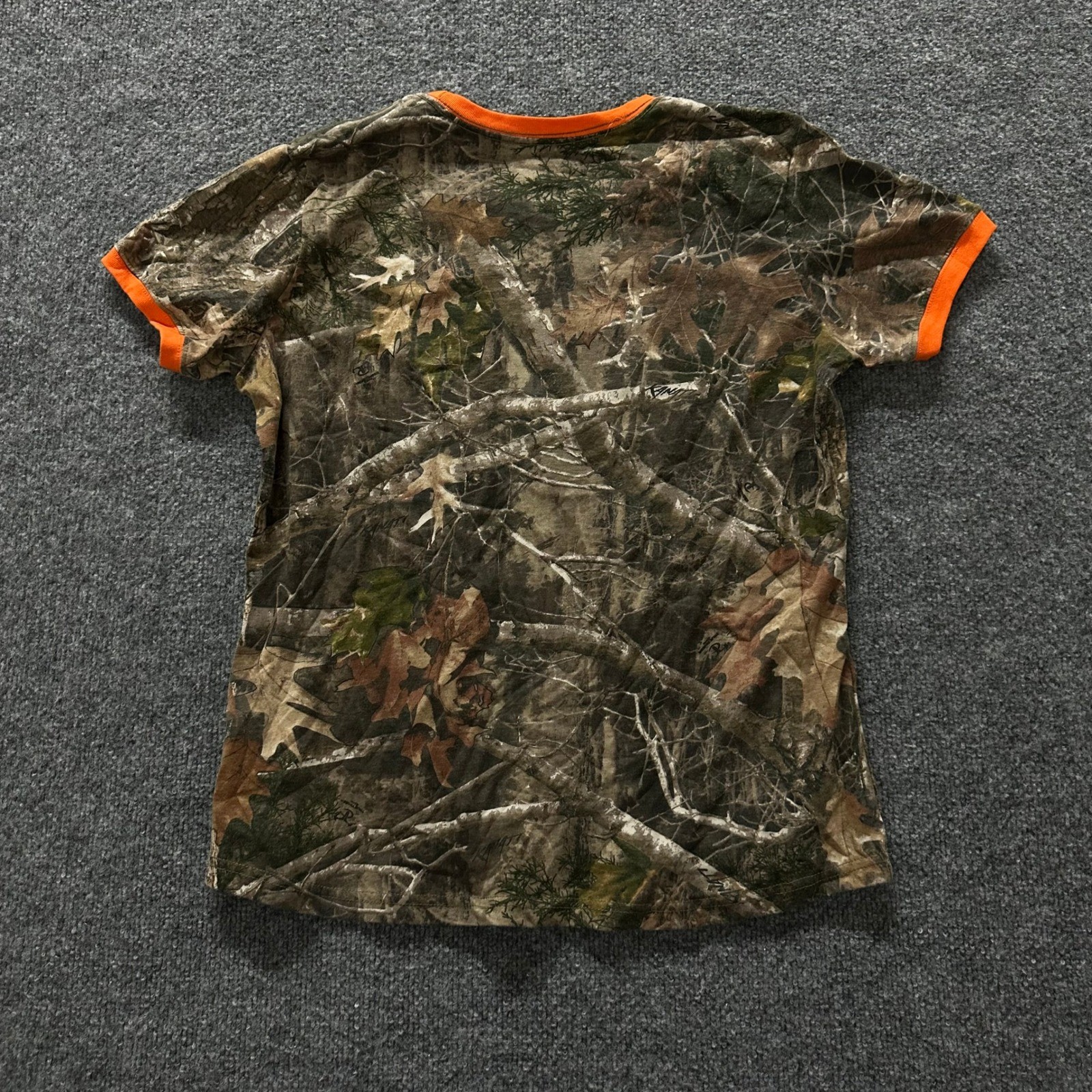 Bass Pro Shops T-Shirt Womens Size L Camo Orange Ringer Graphic Logo Tee Cotton