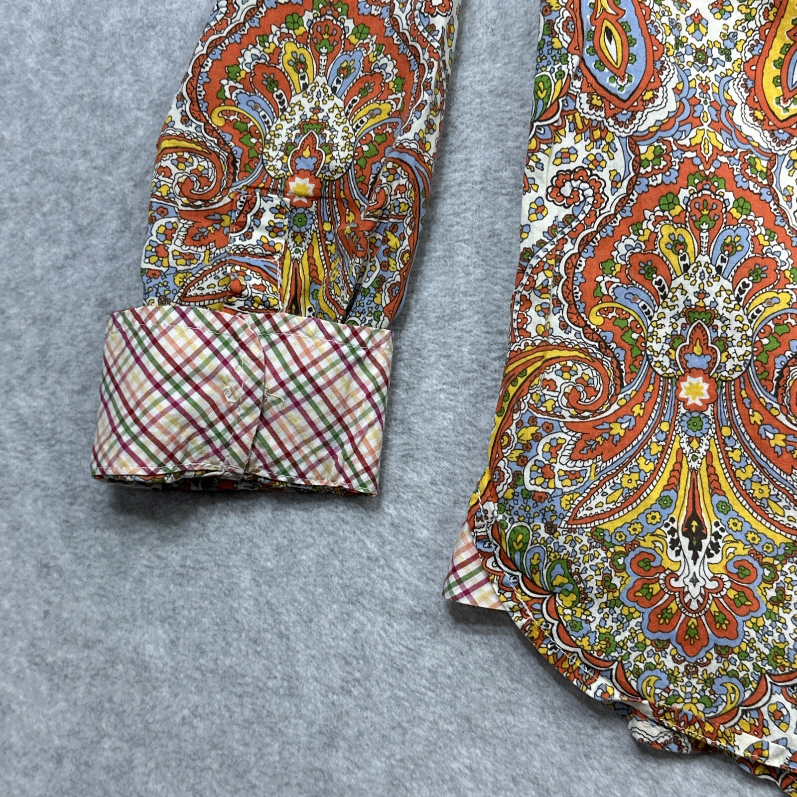 Talbots Top 10P Orange Paisley Roll Tab Flip Cuff Versatile Layer Everyday Wear
