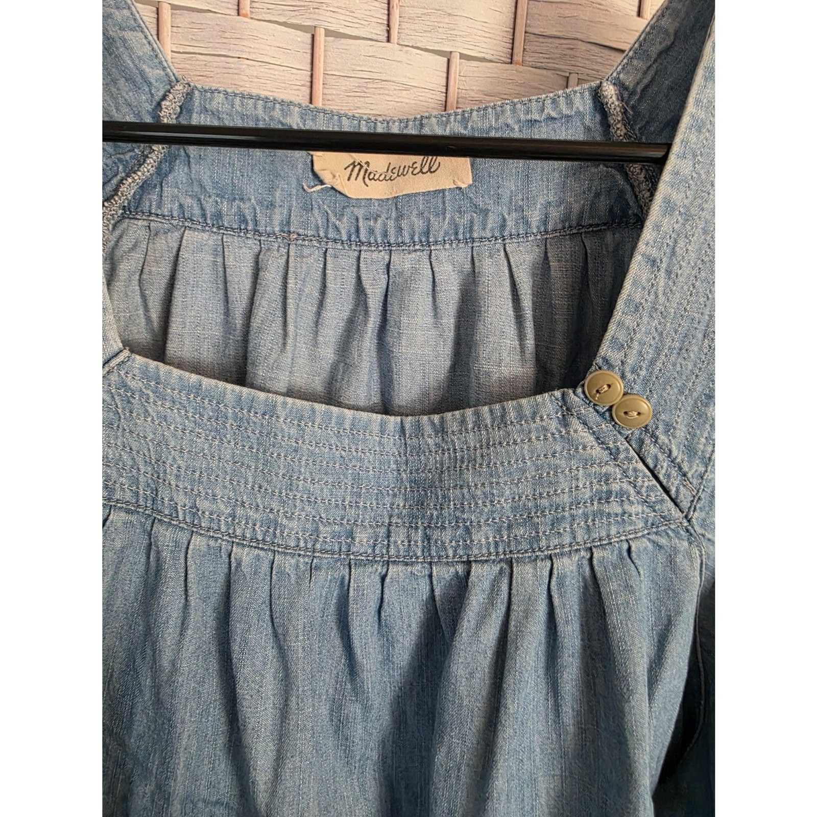 Madewell Light Wash Chambray Cotton Linen Square Neck Bell Sleeve Blouse Top
