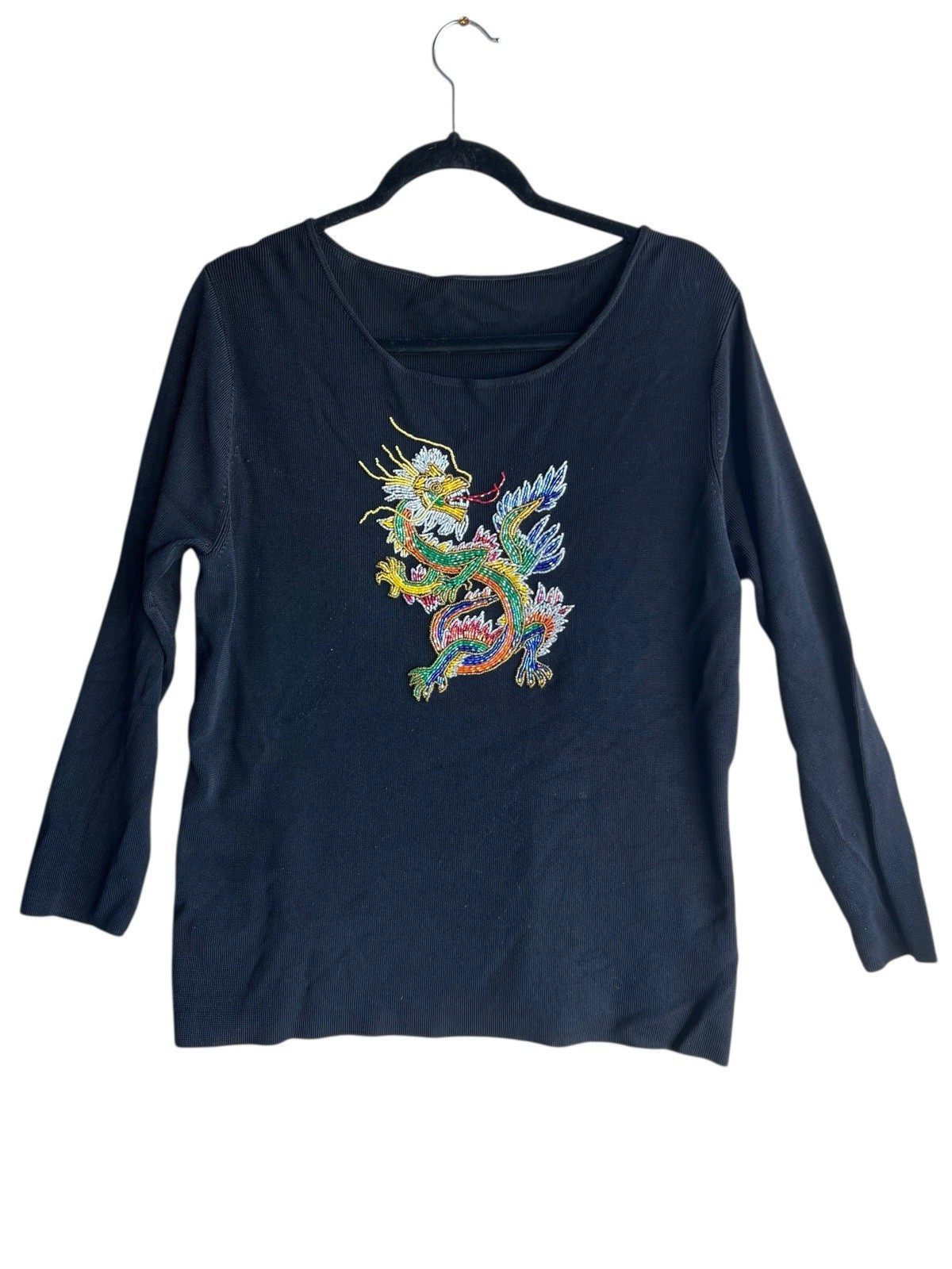 Vintage Lucia Burns Beaded Chinese Dragon Embroidered Black Top LARGE Hong Kong