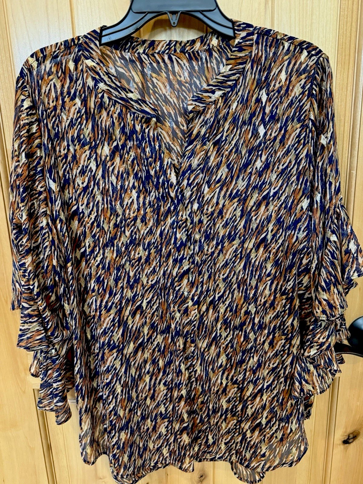 Vince Camuto Ruffle Sleeve Blouse Womens L Navy/tan Floral V-Neck Top 5021 NWOT