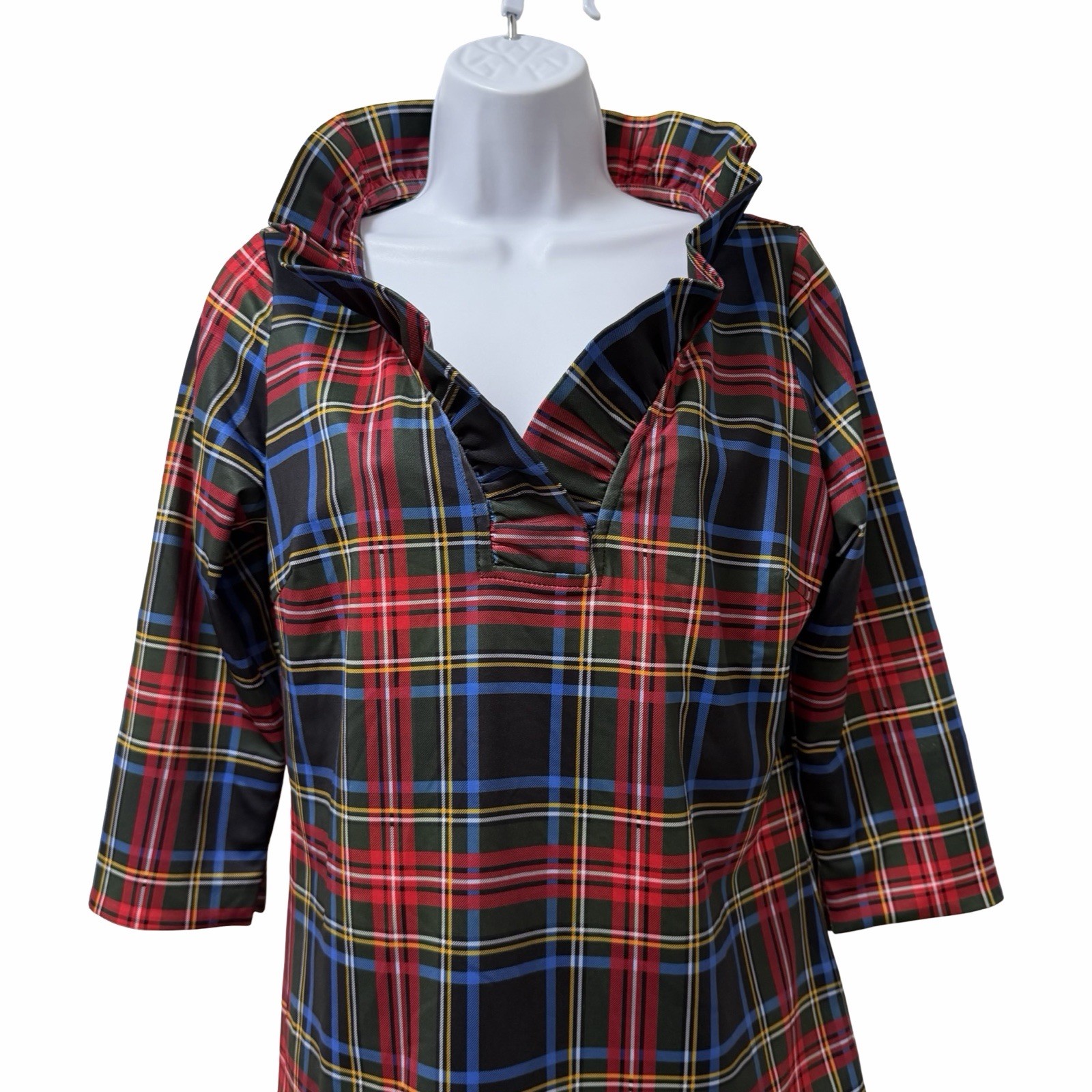 Gretchen Scott Tartan Plaid Stand Up Ruffle Neck Blouse Size S Red Holiday