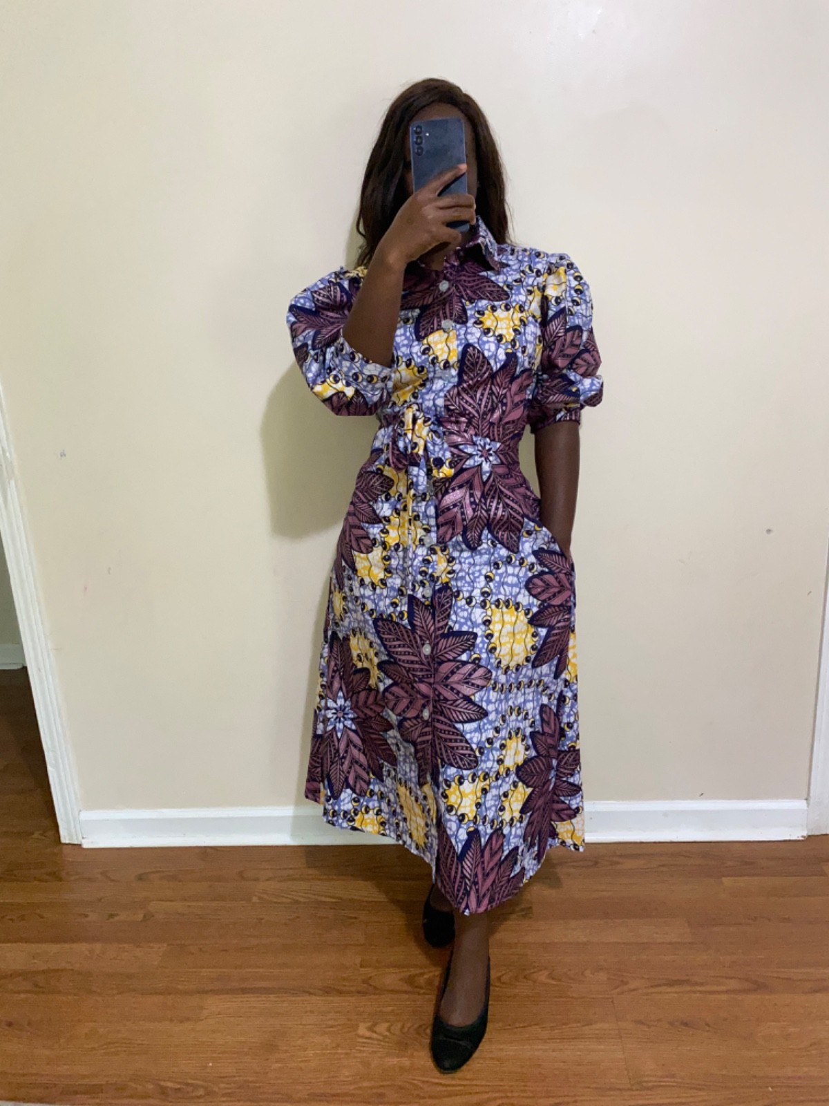 A-line African Prints button down shirt dress for women with belts and pockets