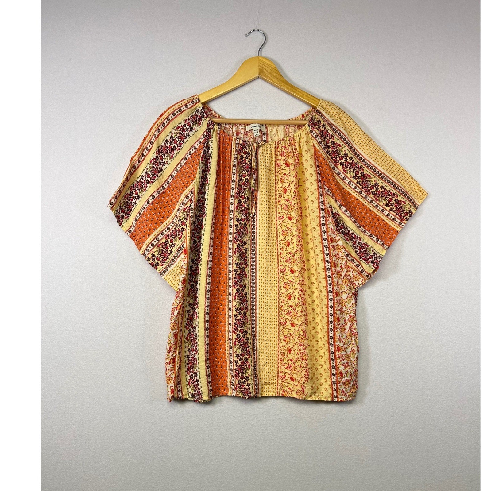 Hippie Boho Floral Stripe Blouse Womens Medium Orange Yellow Boho Dolman Sleeve