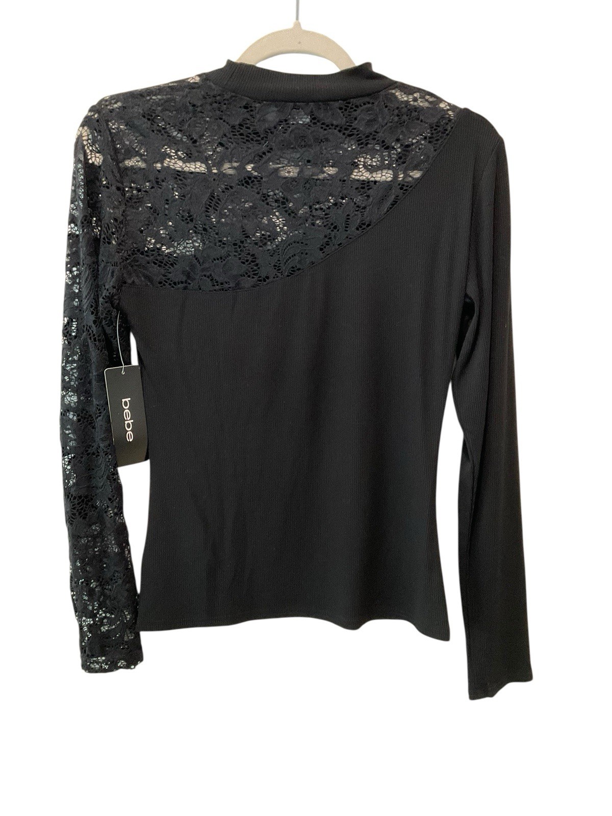 Bebe Black Lace Top Rhinestone Logo Mock Neck Stretch Medium NWT