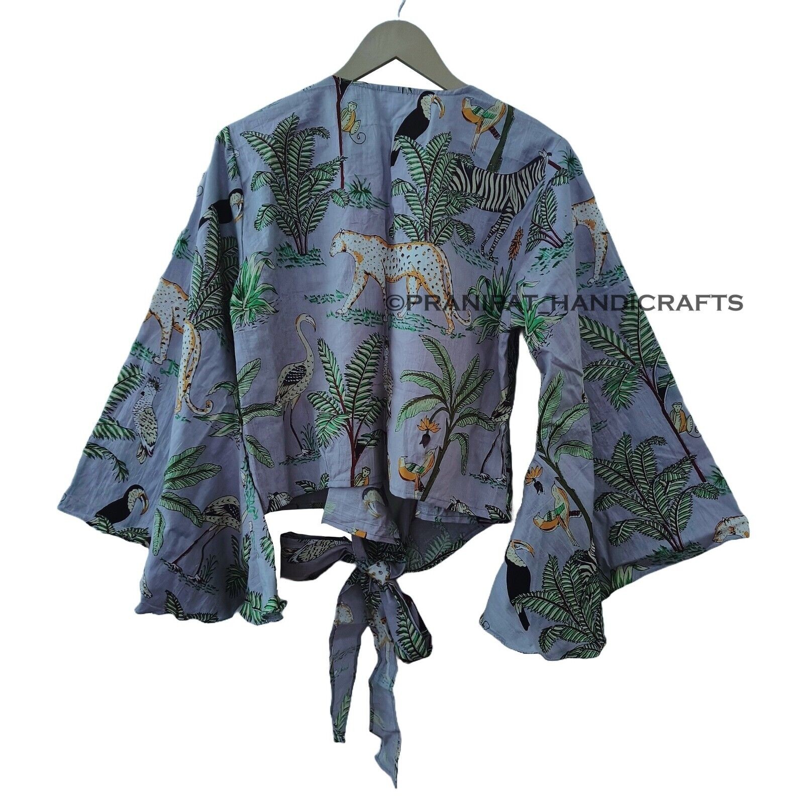 Indian Jungle Cotton 70′ Retro Bell Sleeves Gray Women Beach Hippie Crop Top