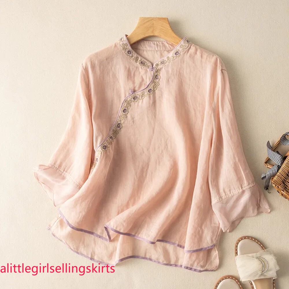 Women Embroidered Floral Top Chinese Ethnic Shirt Blouse Casual Loose Thin Chic