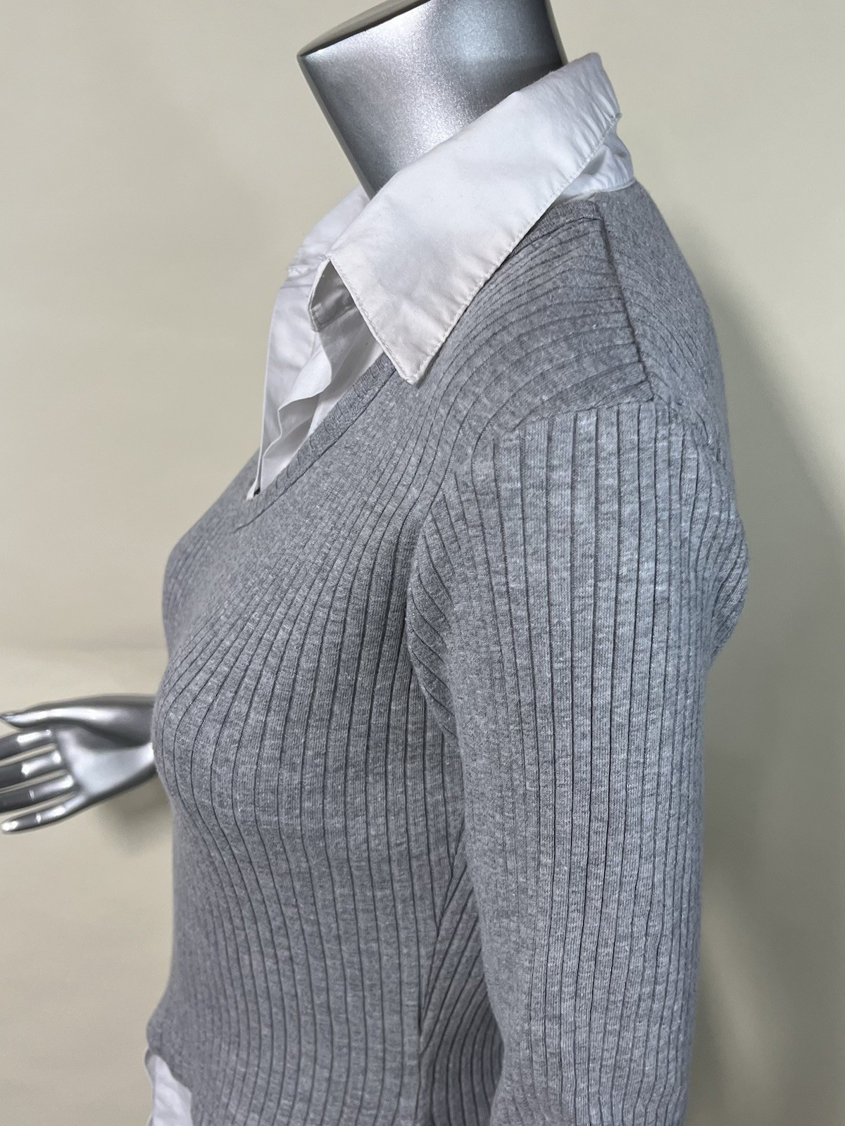 Route 66 Women’s Small Grey Ribbed Layer Look Collar Stretch Shirt 3/4 Sleeves
