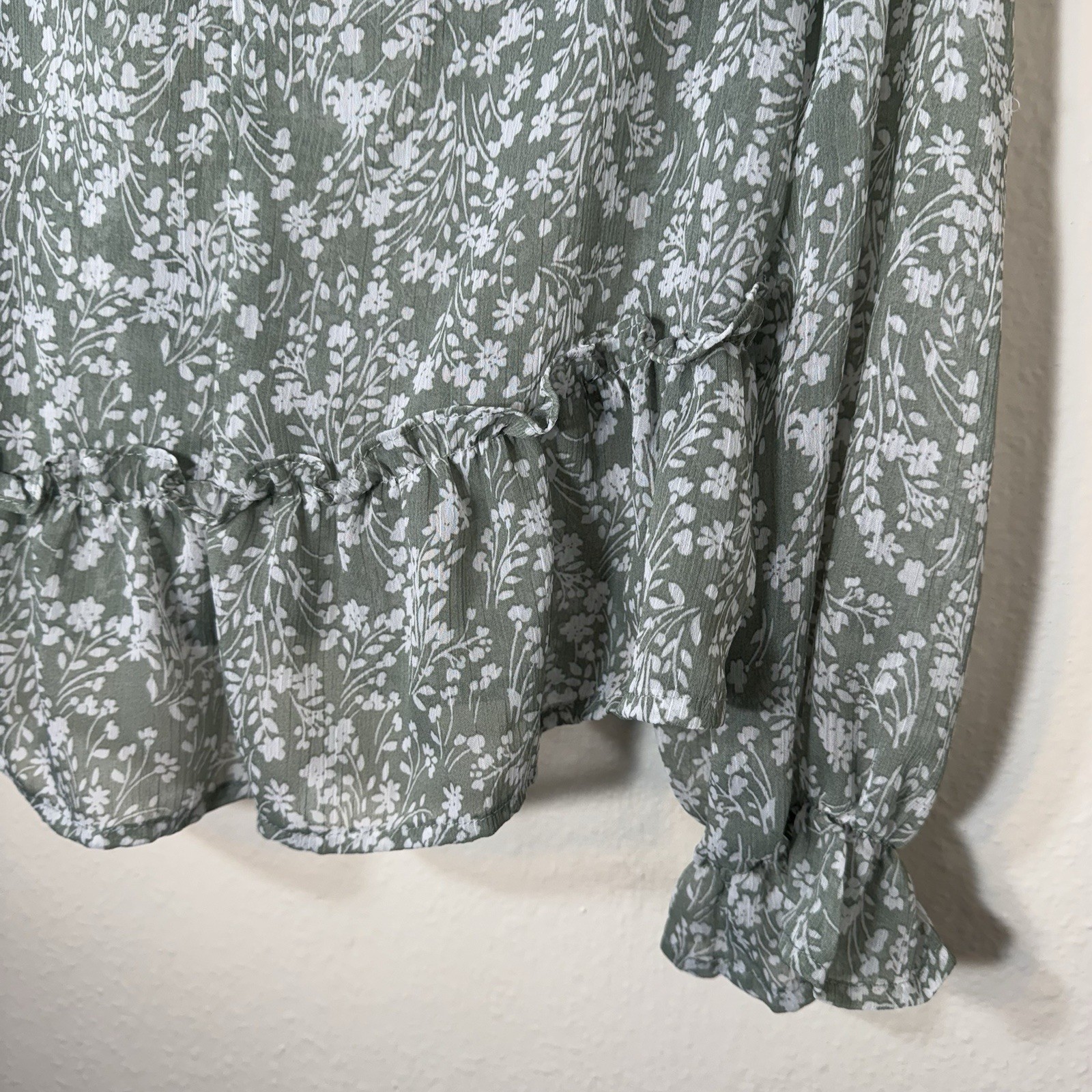 Rabbit Rose Blouse Womens Small Green Sheer Floral Feminine Y2K Babydoll Prairie