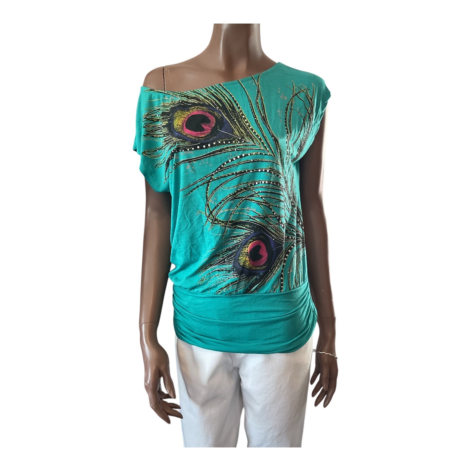 Womens Peacock Feather Off Shoulder Top Shirt Tshirt M Summer Sleeveless Animal