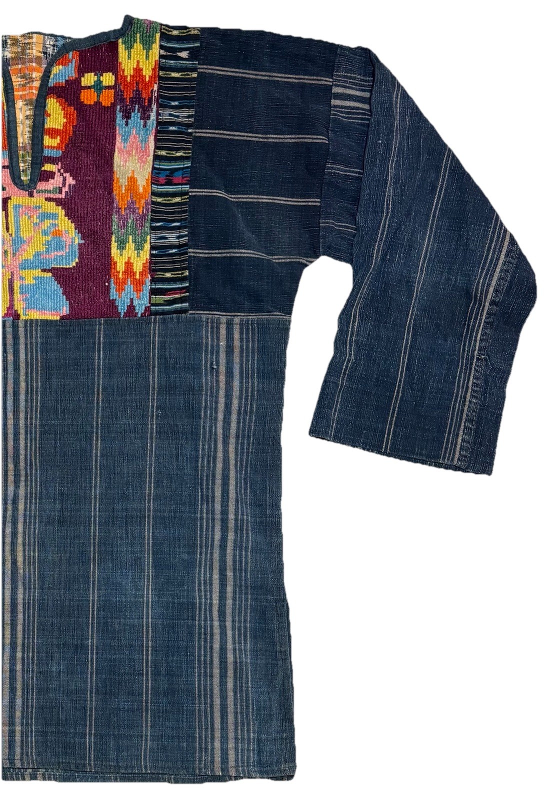 Vtg Guatemalan Indigo Denim Tunic Top Shirt Needlepoint Embroidery boho hippie
