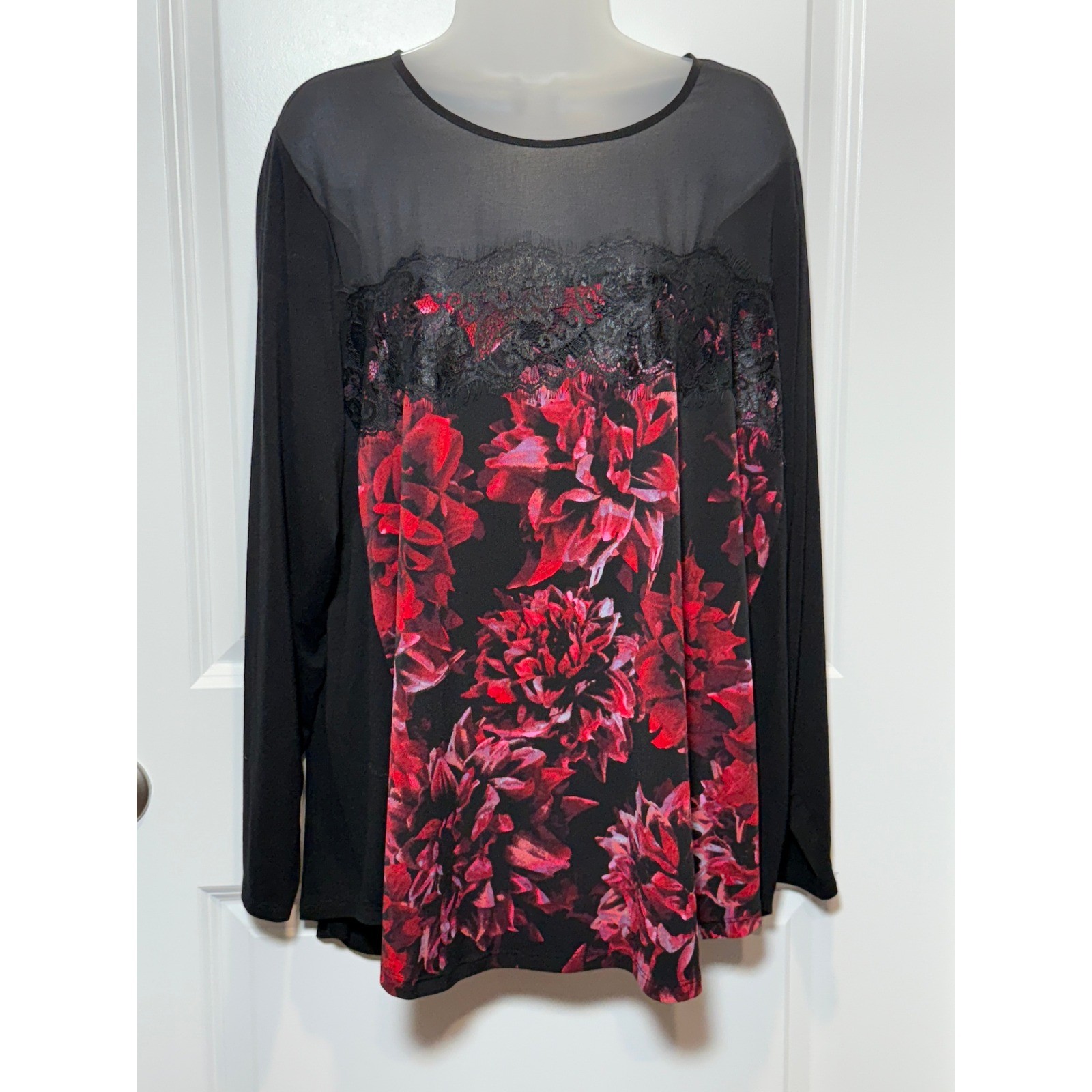 Cupio Curvy Black Floral Lace Mesh Long Sleeve Top Plus 1X Sheer Shirt Work