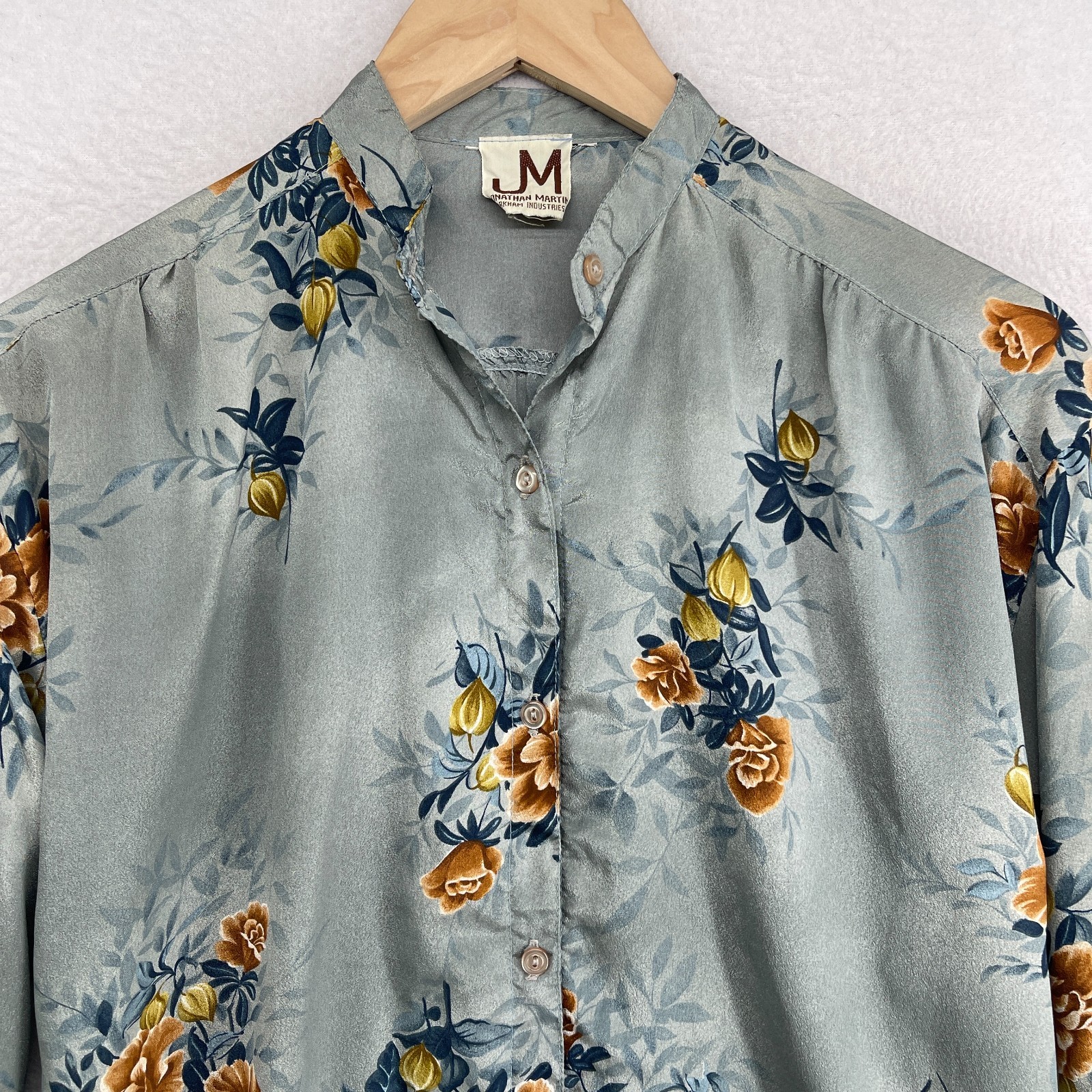 JONATHAN MARTIN Top Womens L Floral Mandarin Silk Crepe de Chine Button Up Blue