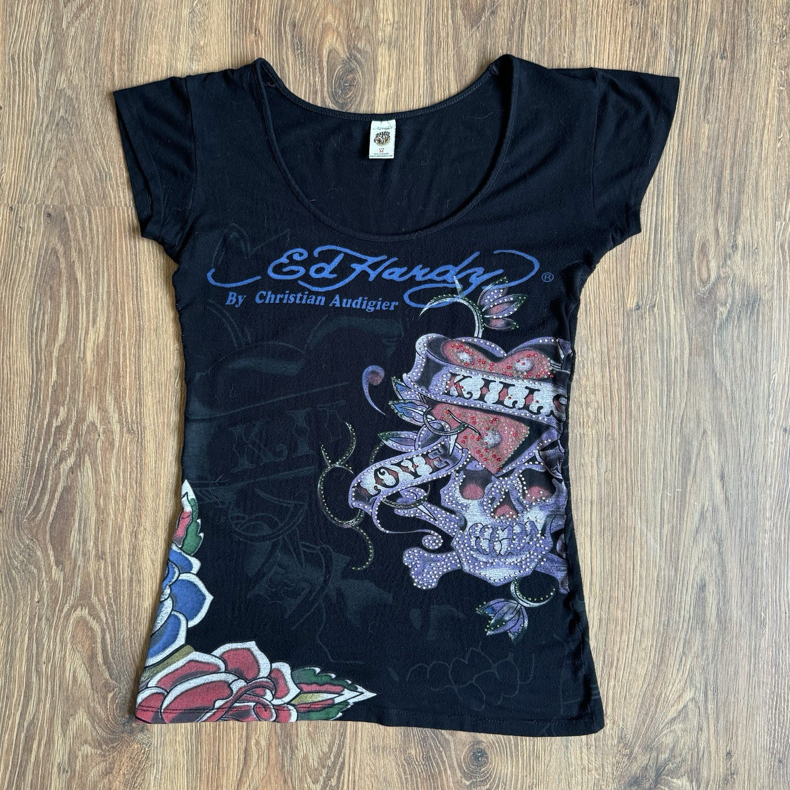 Vintage Ed Hardy By Christian Audigier Skull Heart Roses Kill Love T Shirt Wmns