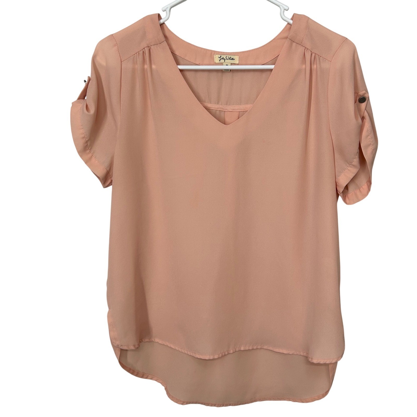 Lily White Peachy Pink Short Tabbed Sleeves Chiffon Blouse Women’s Size M