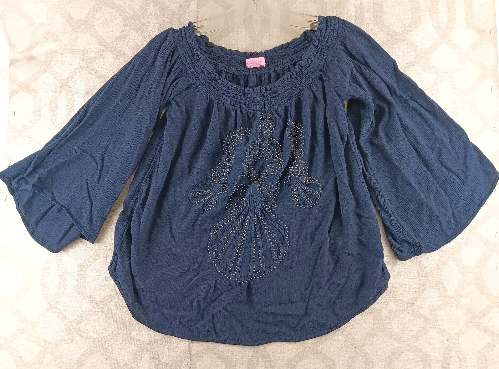 Lilly Pulitzer Nita Top Off Shoulder Womens Small Blue Pom Pom Vacation *Read