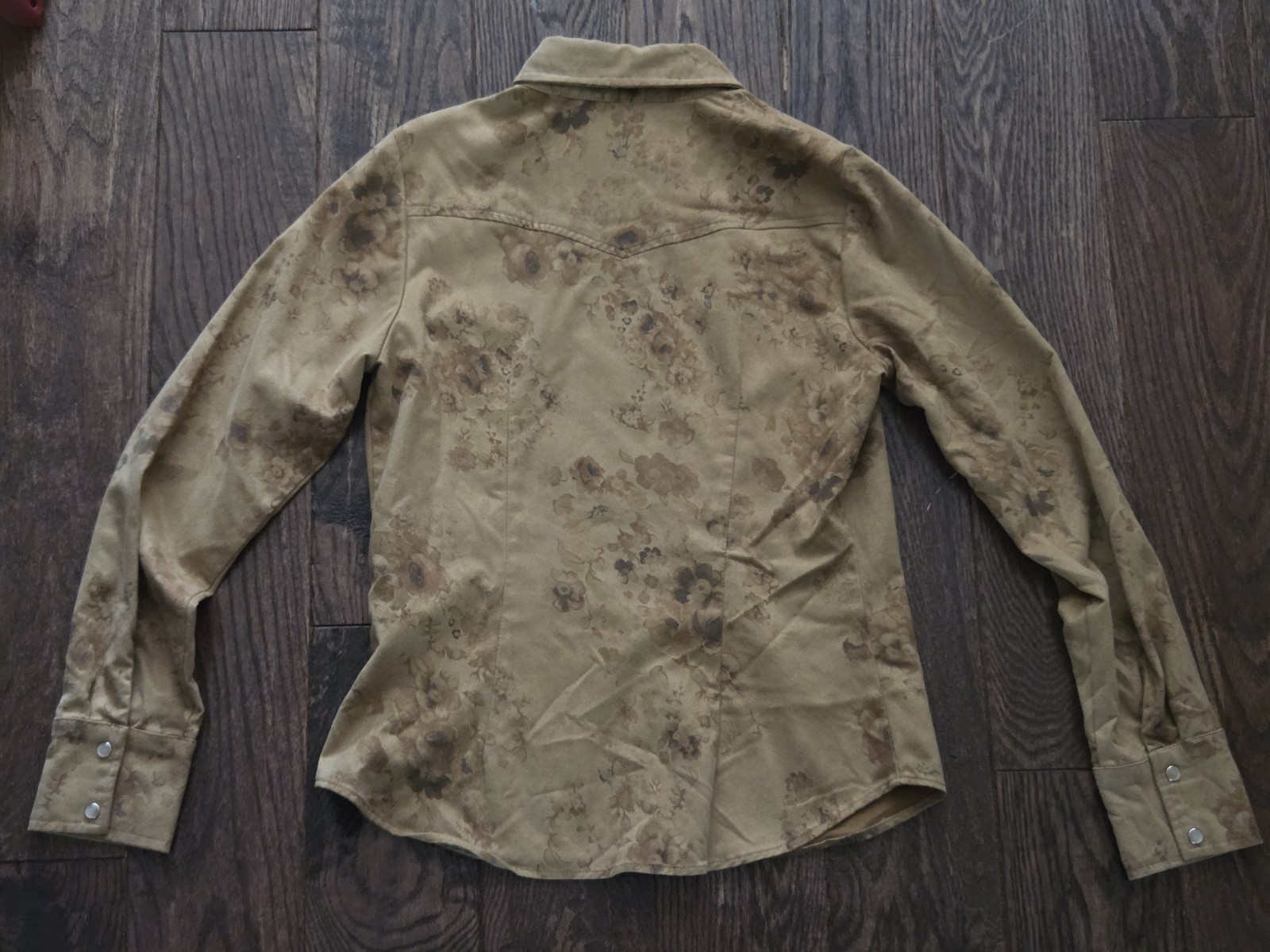 🤎Karen Kane Lifestyle Floral Faux Suede Western Snap Shirt Tan Small S Boho🤎