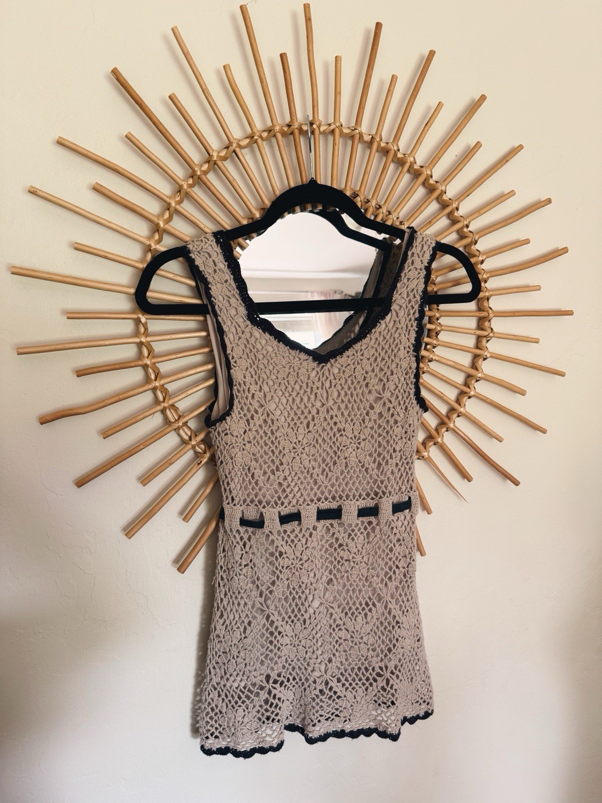 Vintage Y2K Glimmer Tan Crochet Cottage Core Tank with Black Tie Waist Size M