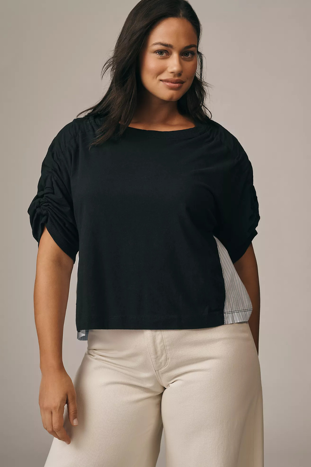 NWT ANTHROPOLOGIE MAEVE WOVEN & KNIT RUCHED-SLEEVE TWOFER TOP BLACK & STRIPE S