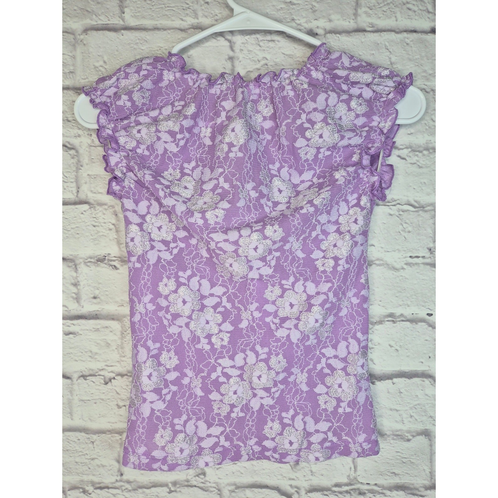 Vintage Y2K Finesse lavender glitter lace top ruffle milkmaid grunge glam small
