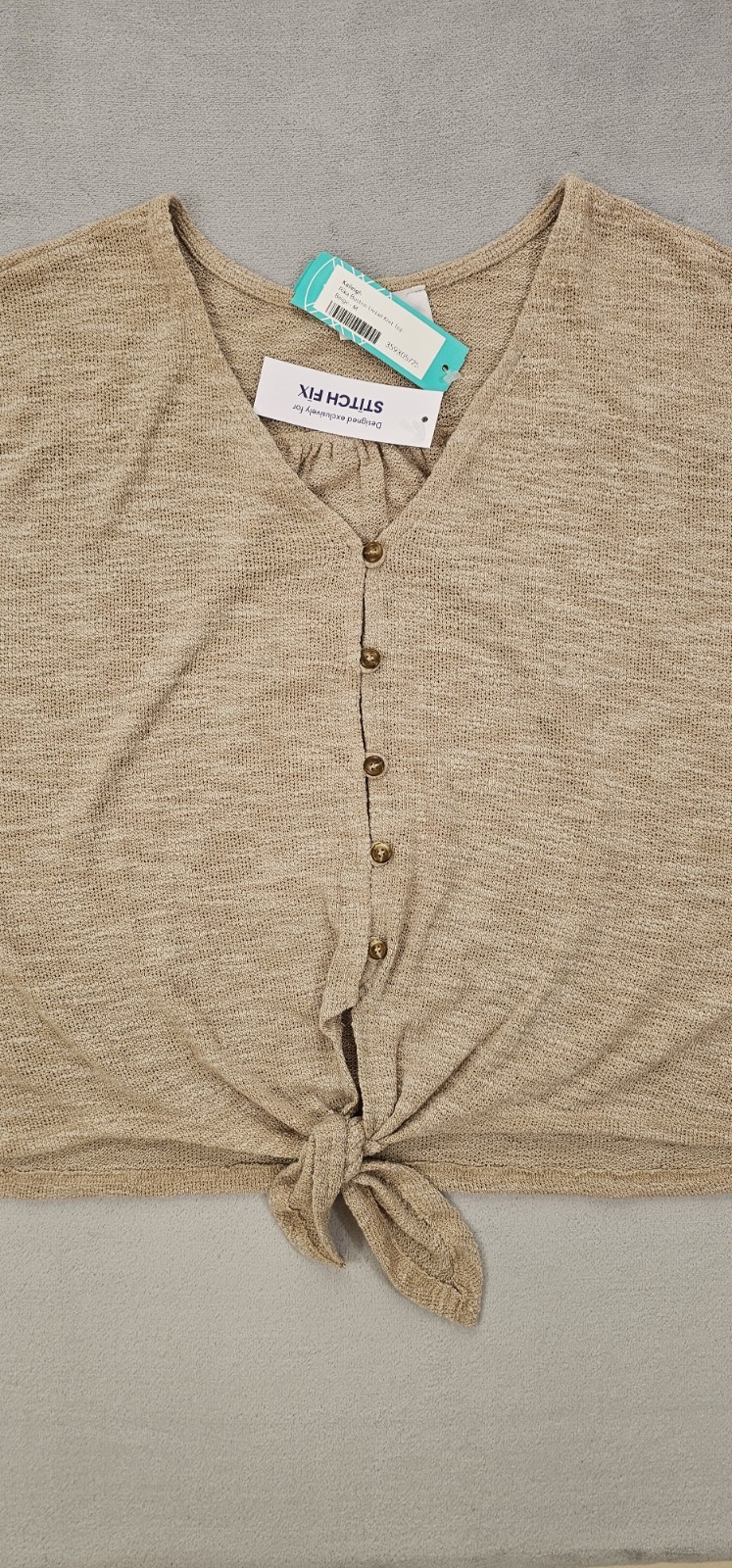 Kaileigh Women’s Beige Tie Front Knit Top Size M Short Sleeve Button Front NWT