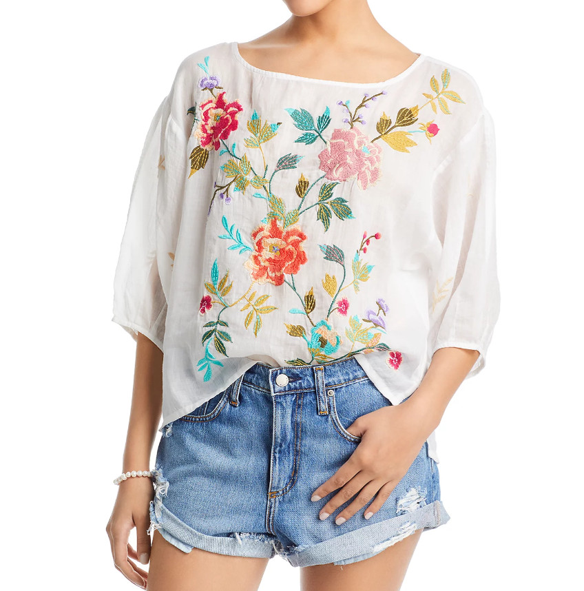 Johnny Was Adele 100% Linen Embroidered Floral Print Blouse White Sz XL ~NWT