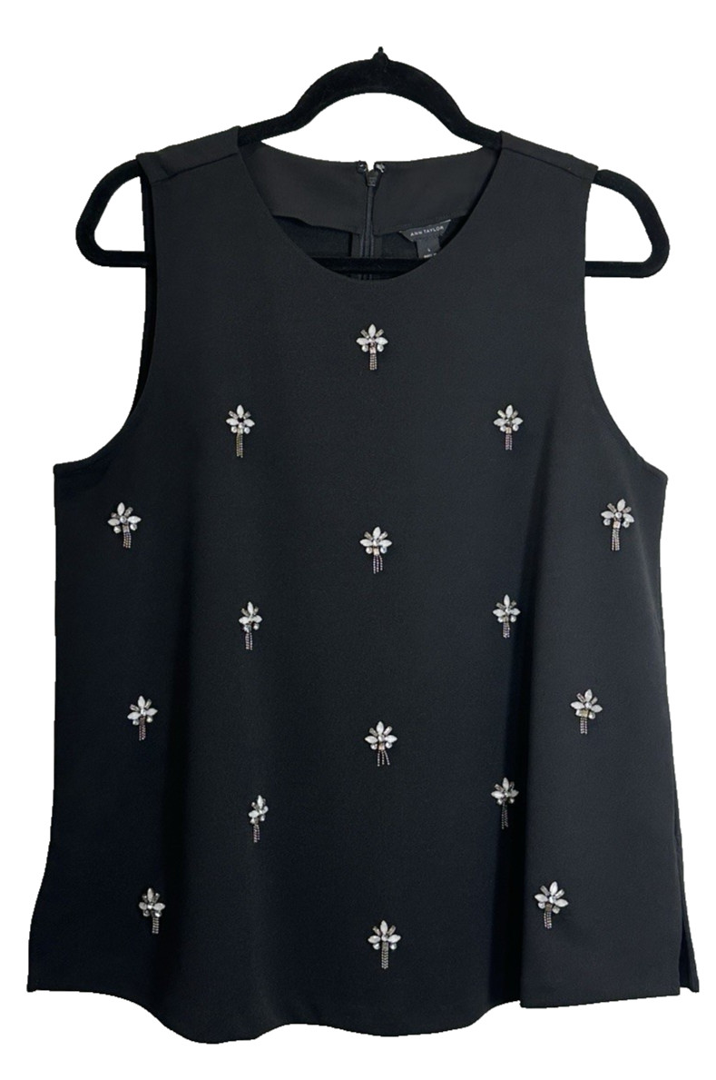 Ann Taylor Top Black Large Sleeveless Crystal Floral Embellished Dressy Blouse