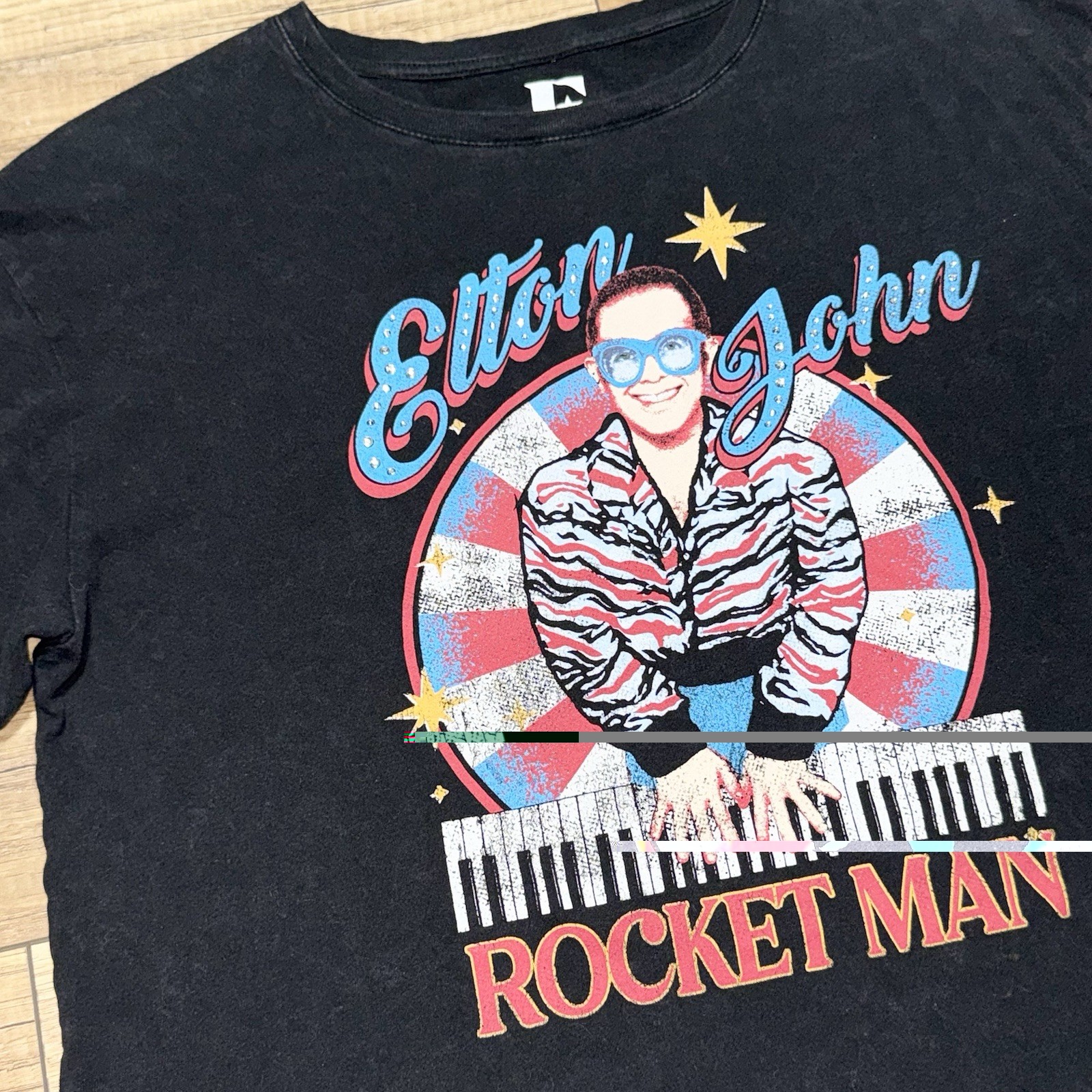 Elton John Rocket Man Piano Rhinestones Vintage Style Graphic T Shirt Womens L