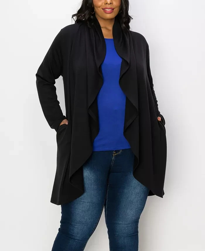 COIN 1804 COIN 1804 Plus Size Draped Flyway Cardigan Duster Knit Top Black 1X