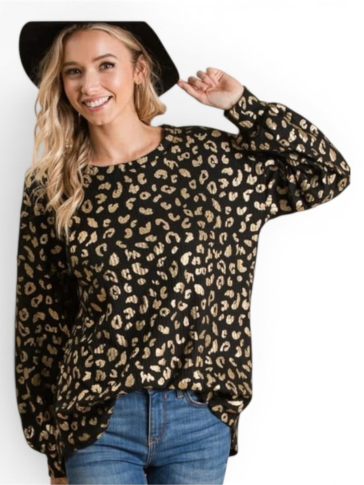 BiBi Black Top with Metallic Gold Leopard Print