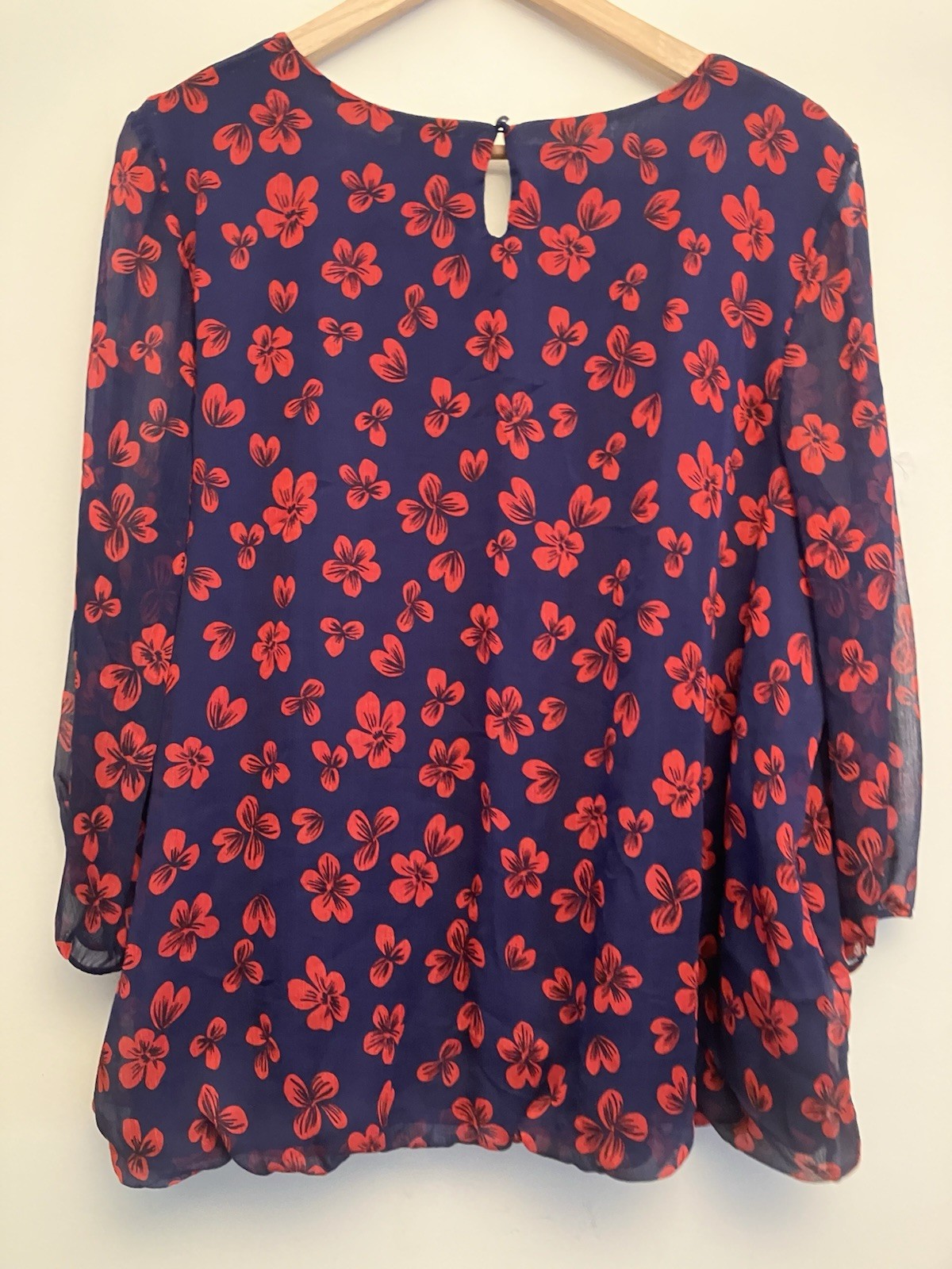 emily d Blouson Elastic-Waist Blouse Navy/Red Print Sheer 3/4 Sleeves Size XL