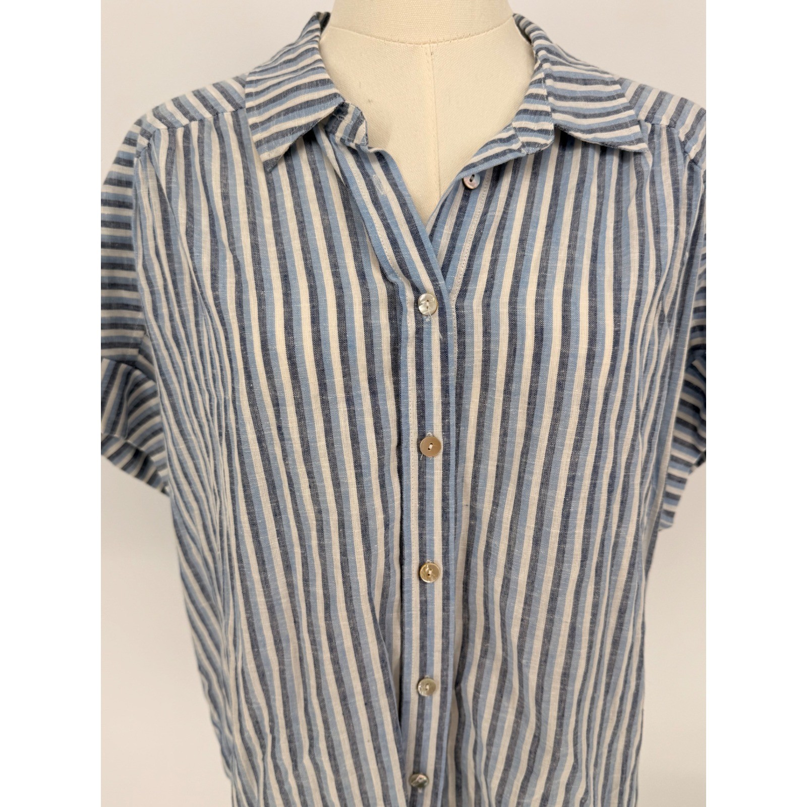 Draper James RSVP Striped Linen Blend Shirt Top Women’s M Blue White