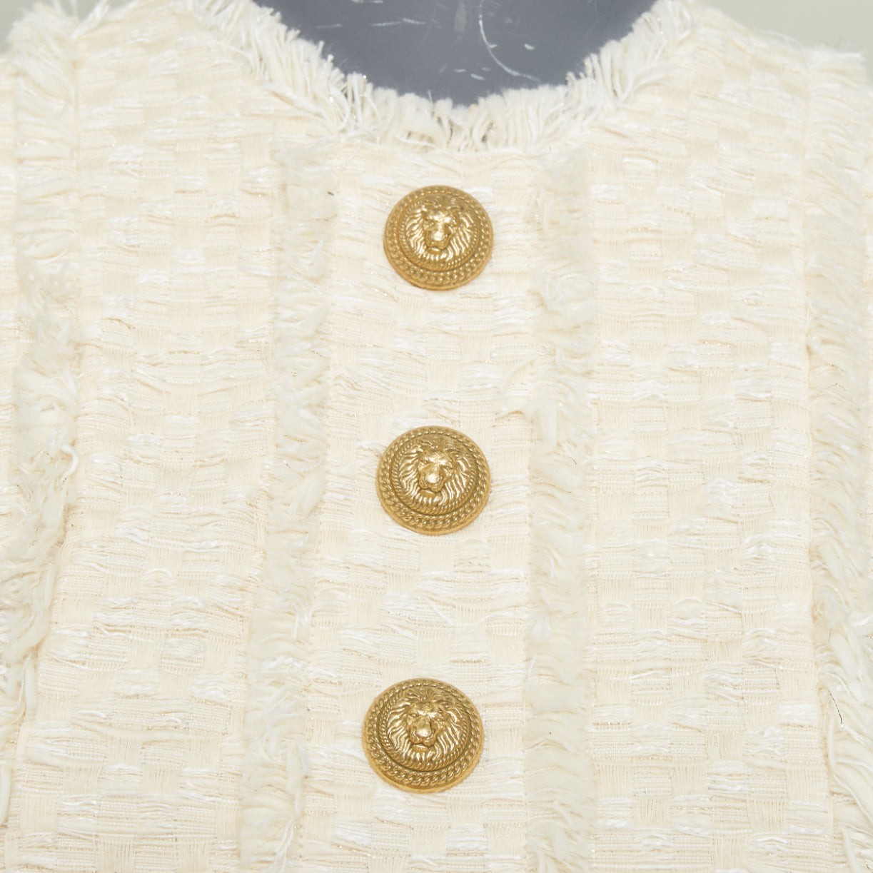 BALMAIN 2023 fringe tweed lion button sleeveless crop cropped gilet vest FR36 S