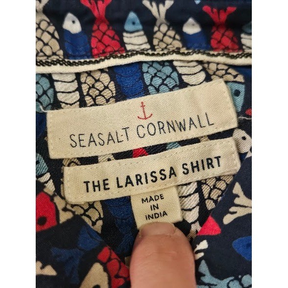 Seasalt Cornwall Larissa Shirt Womens 6 Blue Red Fish Print Cotton Button Top