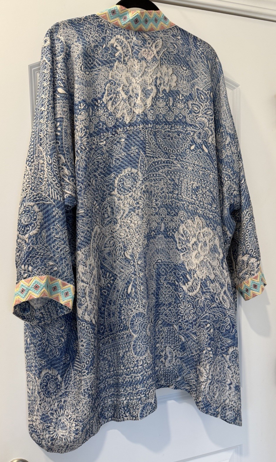 NWT Johnny Was Dolce Kimono 3D Denim Print Embroidered Pockets Blue XL New $318