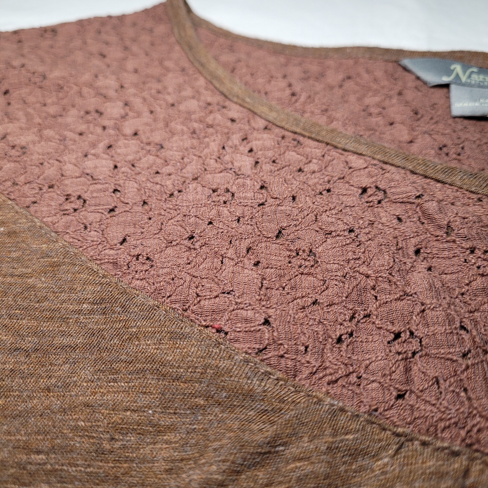 Natural Reflections Lace Trim Henley Blouse Womens Medium Brown Cottagecore Boho