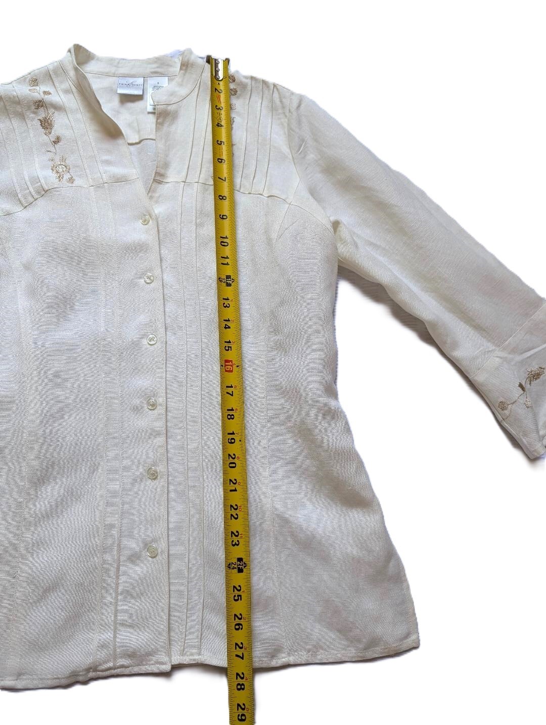 Emma James Linen Blend Shirt Womens Size 8 Embroidery 3/4 Sleeve Buttoned Up