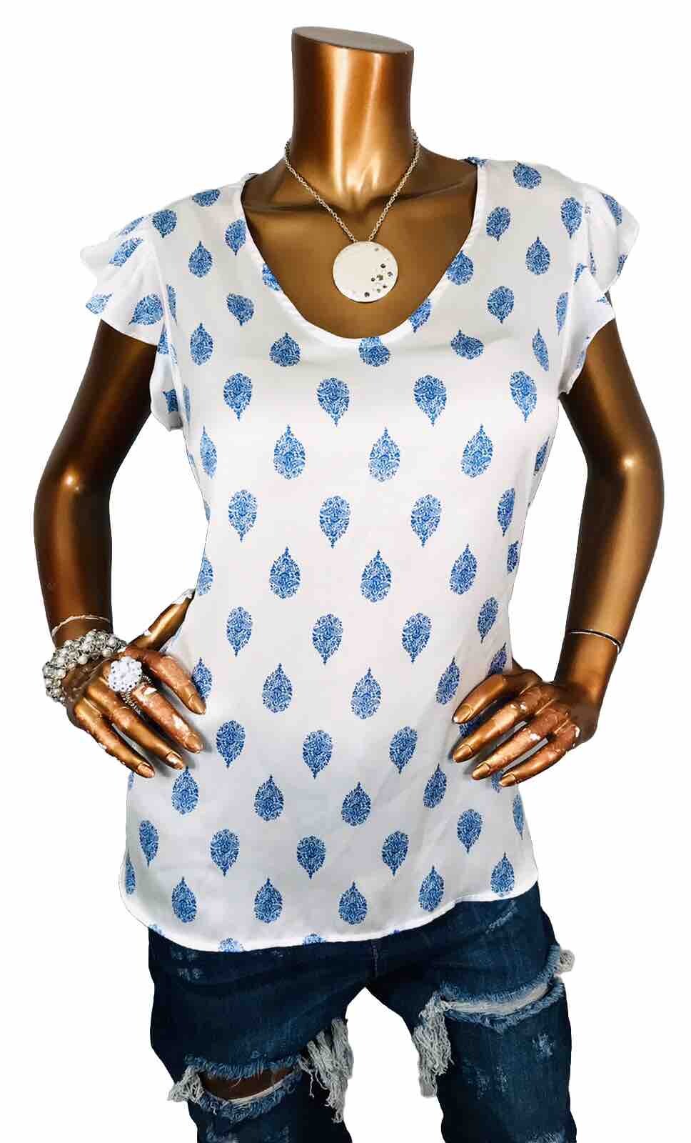 Liz Claiborne L Top White Blue Sleeveless Sheer Soft Summer Lite Wgt Blouse V
